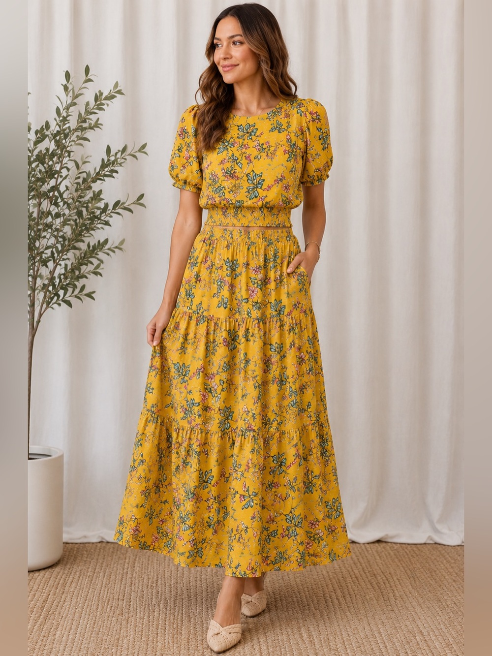 SUGAR + LIPS Yellow Floral Two Piece Skirt Set Boho Maxi XS